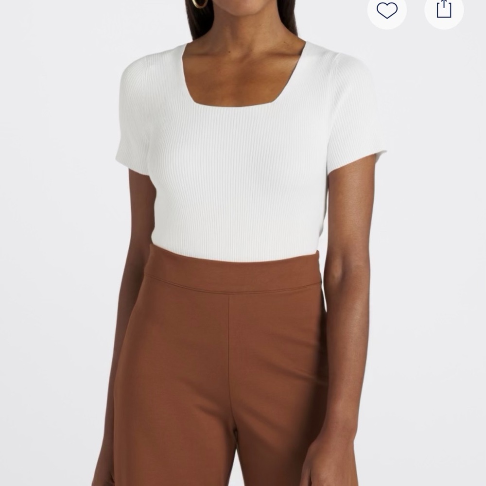 White Ribbed Short Sleeve square neck sweater Top